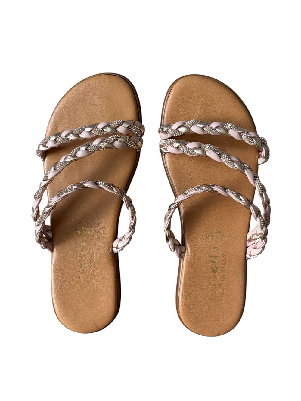 Mariela Rose Gold Metallic & Rhinestone Braided Leather Slide Sandals Size 6.5